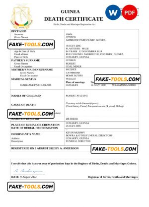 Guinea death certificate Word and PDF template, completely editable