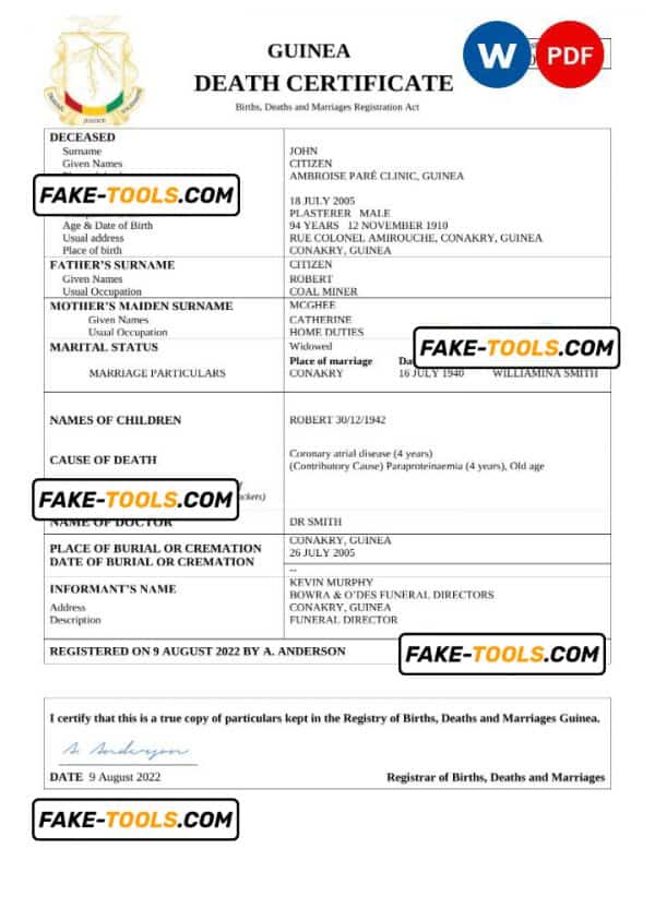 Guinea death certificate Word and PDF template, completely editable