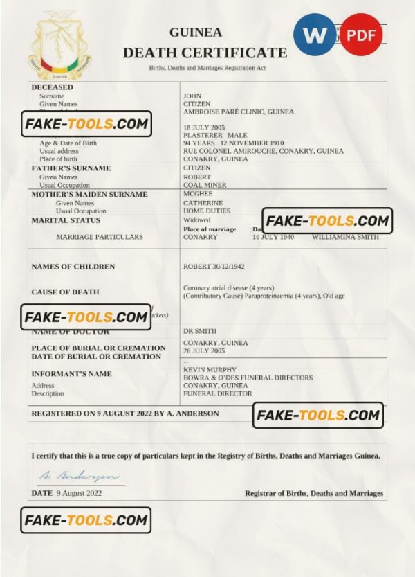 Guinea death certificate Word and PDF template, completely editable