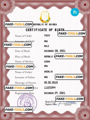 Guinea vital record birth certificate PSD template, completely editable
