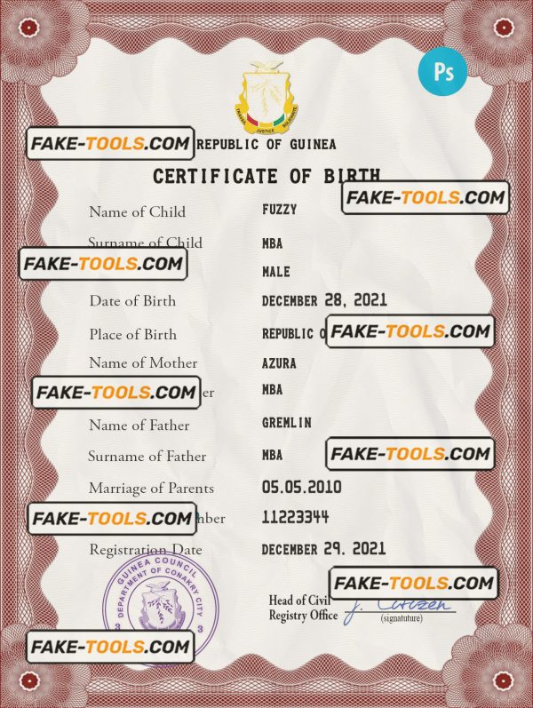 Guinea vital record birth certificate PSD template, completely editable