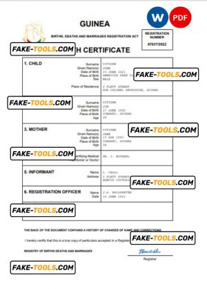 Guinea vital record birth certificate Word and PDF template, completely editable