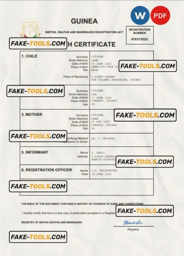 Guinea vital record birth certificate Word and PDF template, completely editable