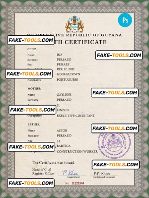 Guyana vital record birth certificate PSD template, fully editable