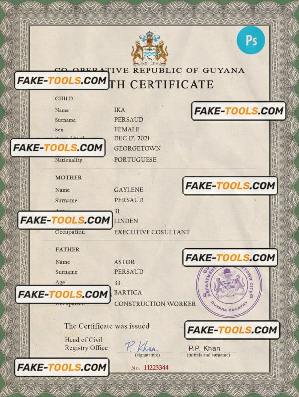 Guyana vital record birth certificate PSD template, fully editable