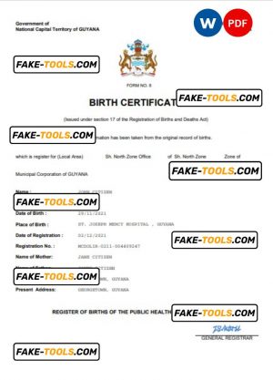 Guyana vital record birth certificate Word and PDF template, completely editable
