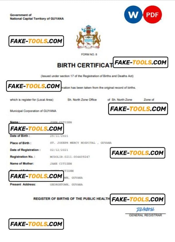 Guyana vital record birth certificate Word and PDF template, completely editable