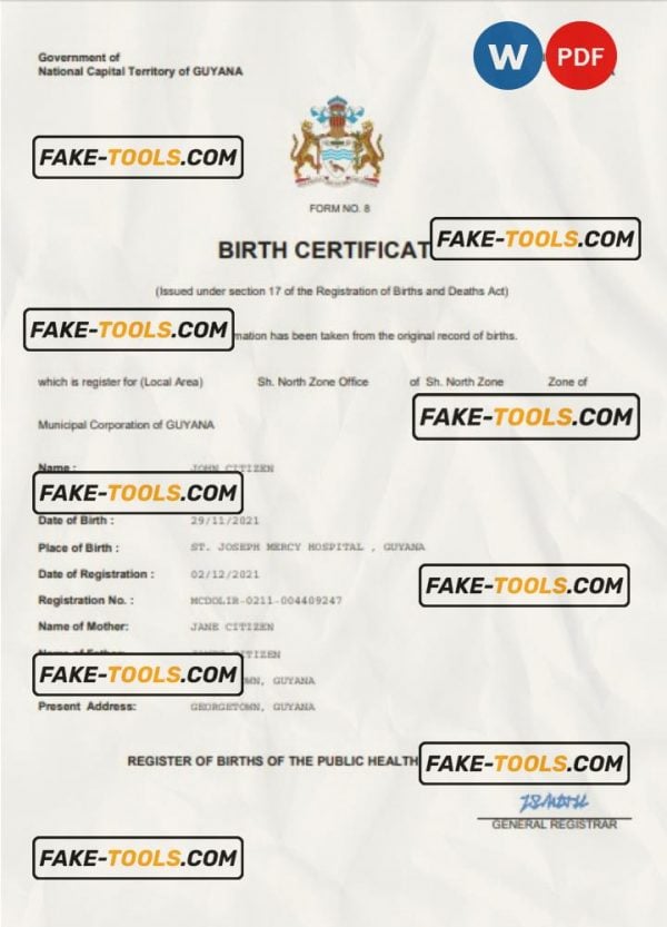 Guyana vital record birth certificate Word and PDF template, completely editable