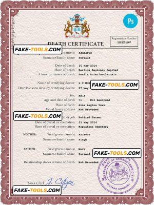 Guyana vital record death certificate PSD template