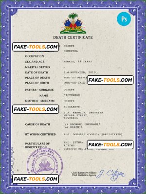 Haiti death certificate PSD template, completely editable