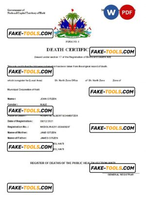 Haiti death certificate Word and PDF template, completely editable