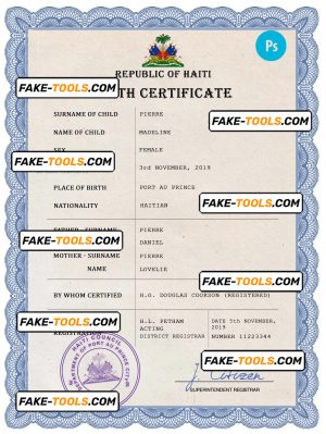 Haiti vital record birth certificate PSD template