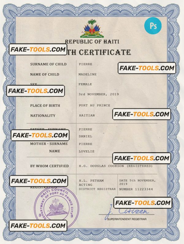 Haiti vital record birth certificate PSD template