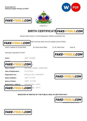 Haiti vital record birth certificate Word and PDF template, completely editable