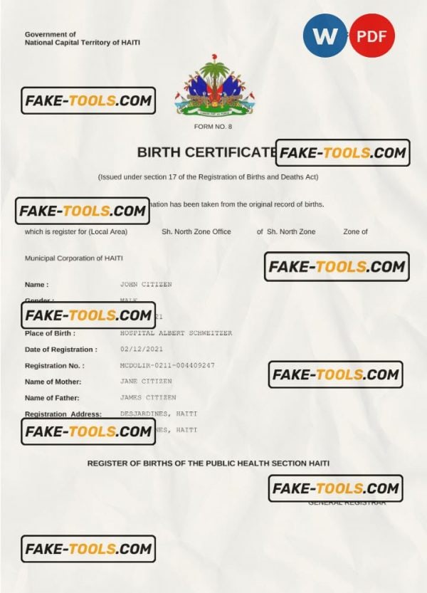 Haiti vital record birth certificate Word and PDF template, completely editable