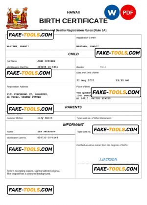 Hawaii birth certificate Word and PDF template, completely editable
