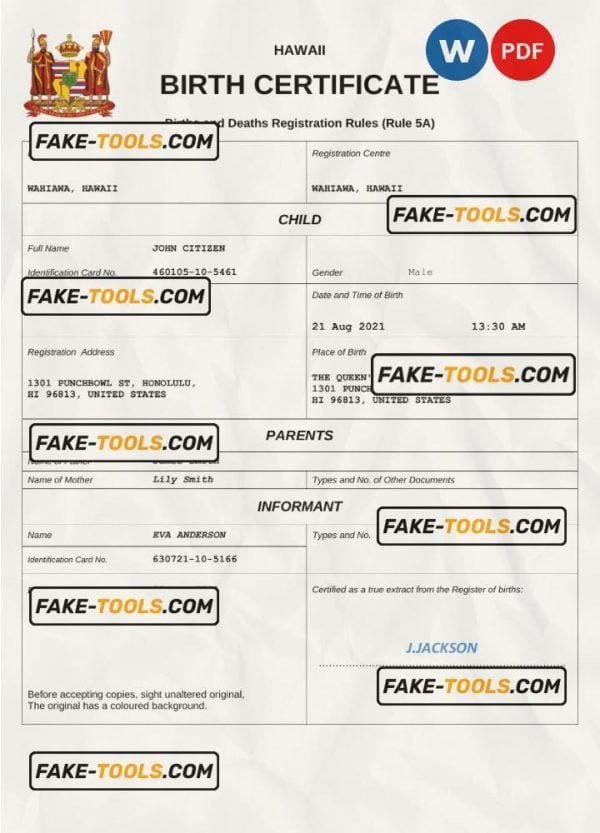 Hawaii birth certificate Word and PDF template, completely editable