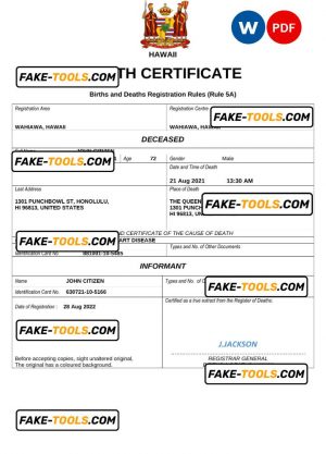 Hawaii death certificate Word and PDF template, completely editable