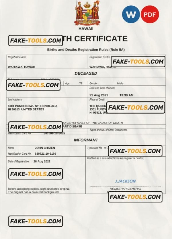 Hawaii death certificate Word and PDF template, completely editable