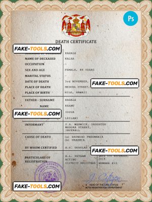 Hawaii vital record death certificate PSD template