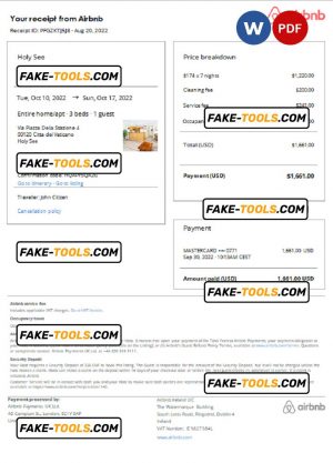 Holy See Airbnb booking confirmation Word and PDF template