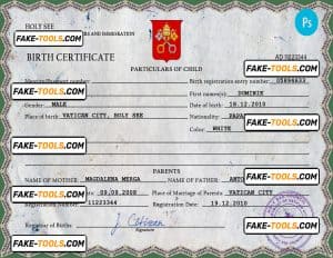 Holy See vital record birth certificate PSD template, fully editable