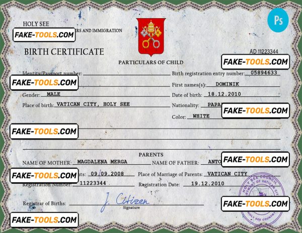 Holy See vital record birth certificate PSD template, fully editable