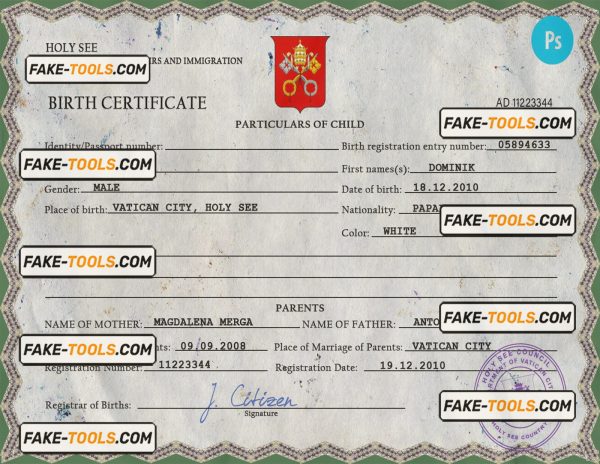 Holy See vital record birth certificate PSD template, fully editable