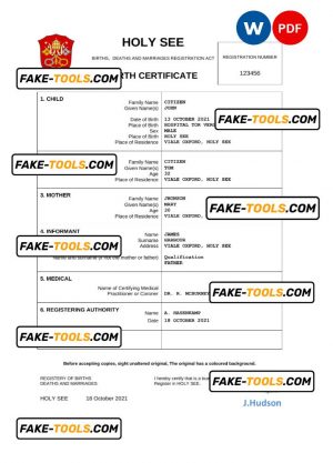 Holy See vital record birth certificate Word and PDF template, completely editable