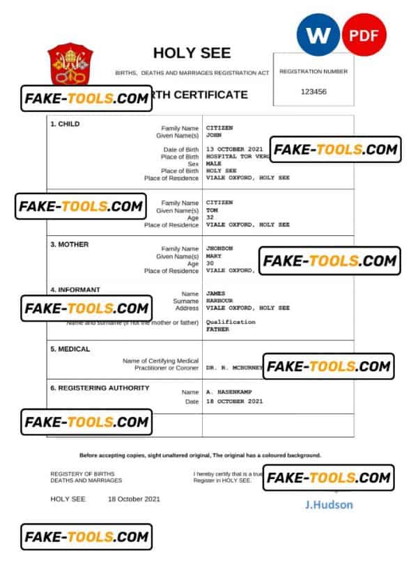Holy See vital record birth certificate Word and PDF template, completely editable