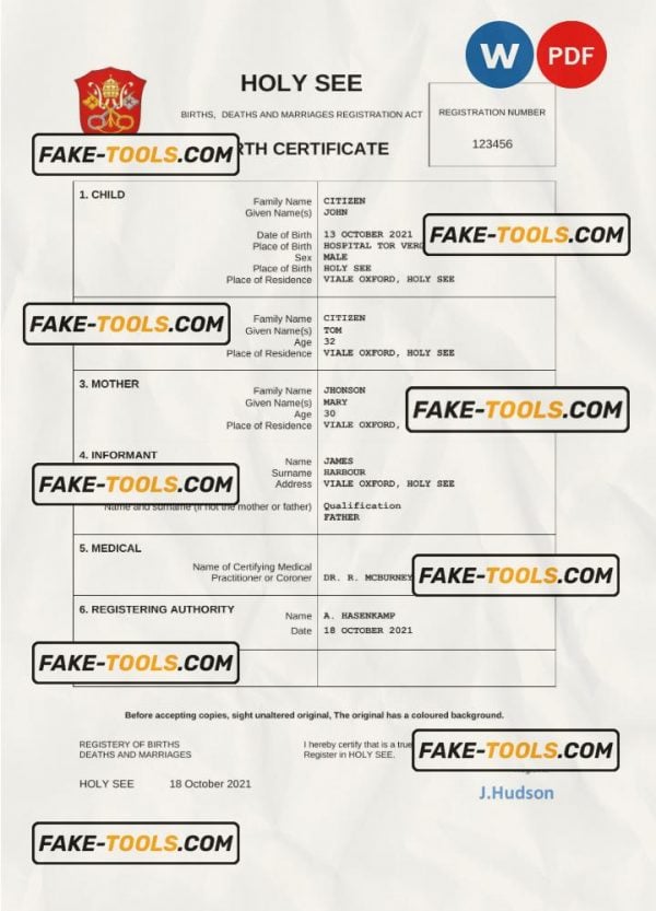 Holy See vital record birth certificate Word and PDF template, completely editable