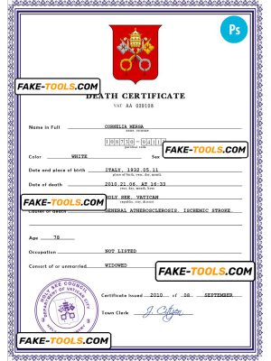Holy See vital record death certificate PSD template, fully editable