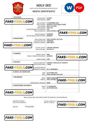 Holy See vital record death certificate Word and PDF template