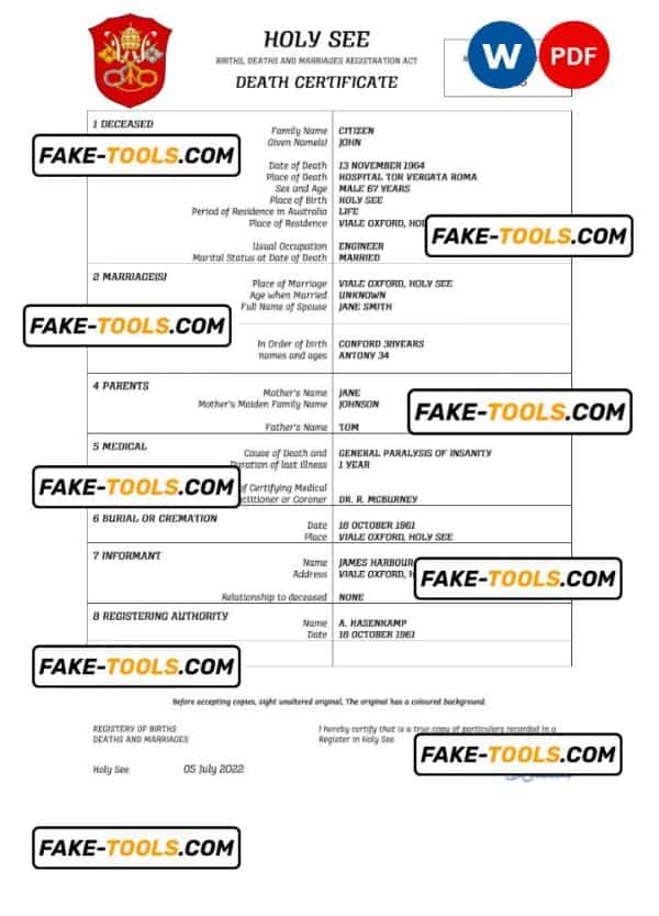 Holy See vital record death certificate Word and PDF template