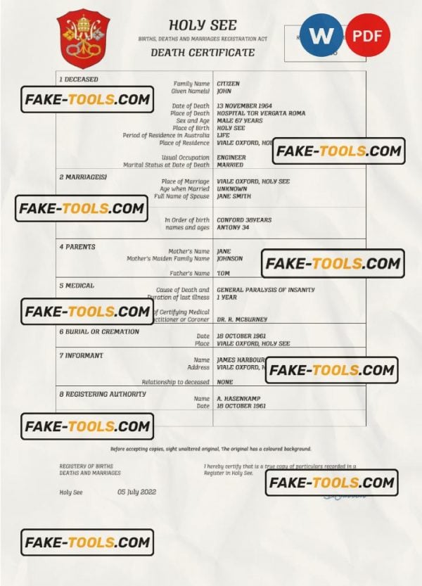Holy See vital record death certificate Word and PDF template