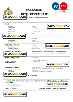 Honduras birth certificate Word and PDF template, completely editable