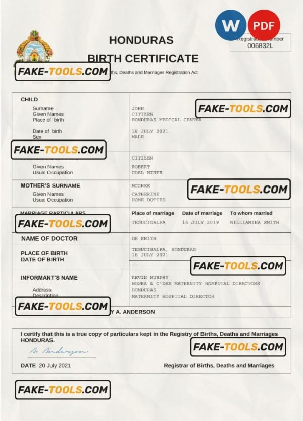 Honduras birth certificate Word and PDF template, completely editable