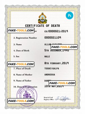 Honduras death certificate PSD template, completely editable