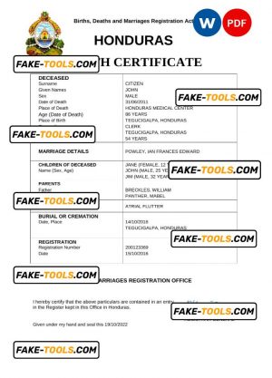 Honduras vital record death certificate Word and PDF template