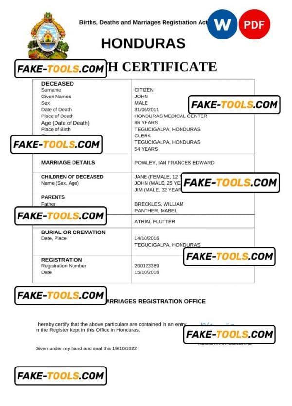 Honduras vital record death certificate Word and PDF template
