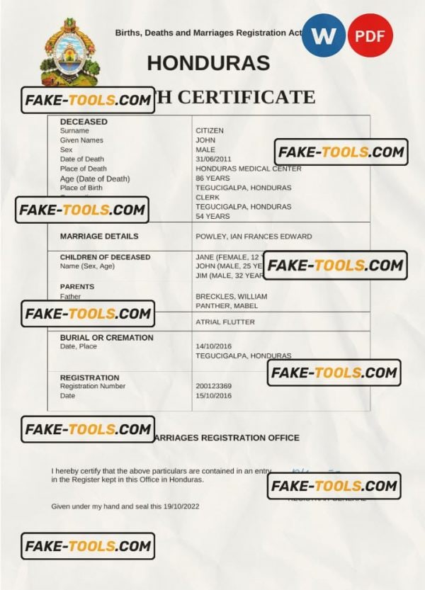Honduras vital record death certificate Word and PDF template