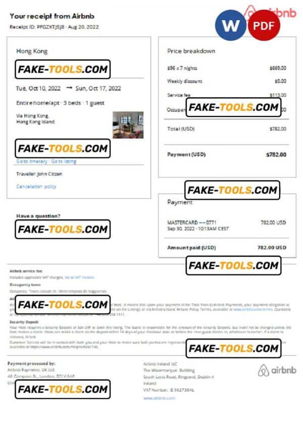 Hong Kong Airbnb booking confirmation Word and PDF template