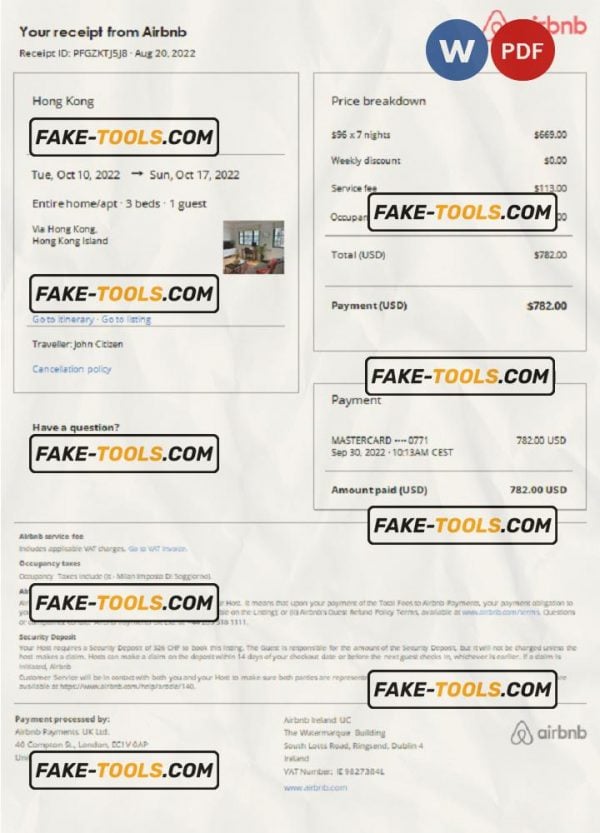 Hong Kong Airbnb booking confirmation Word and PDF template