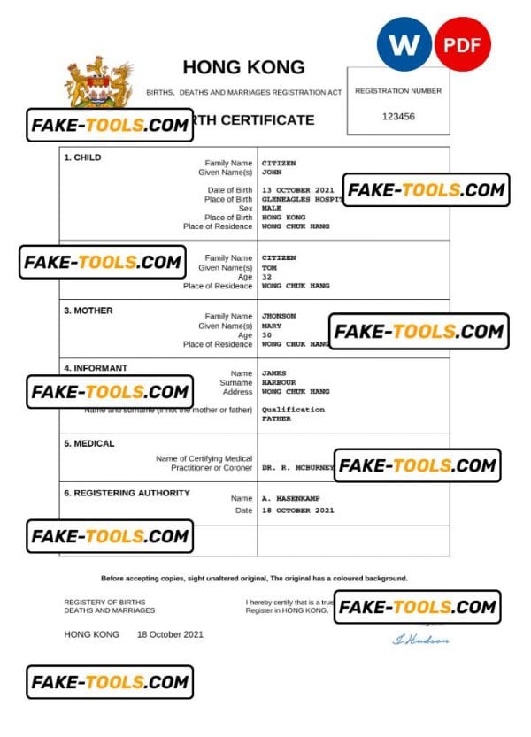 Hong Kong birth certificate Word and PDF template, completely editable