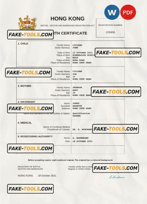 Hong Kong birth certificate Word and PDF template, completely editable