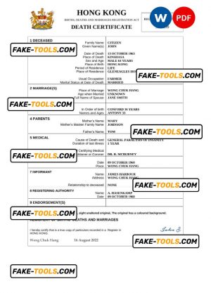 Hong Kong death certificate Word and PDF template, completely editable