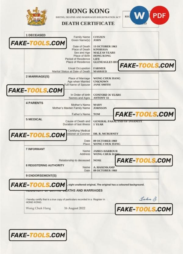 Hong Kong death certificate Word and PDF template, completely editable