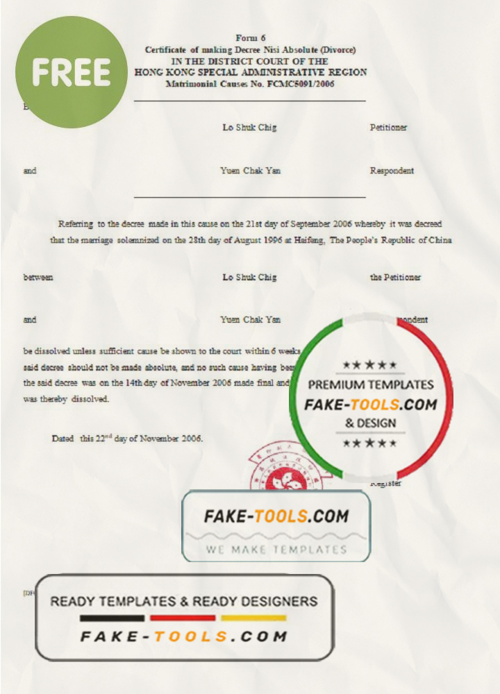 Hong Kong divorce certificate template in Word and PDF format scan effect