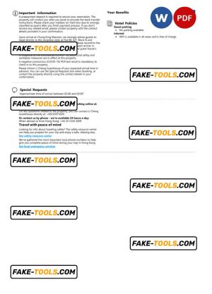 Hong Kong hotel booking confirmation Word and PDF template, 2 pages