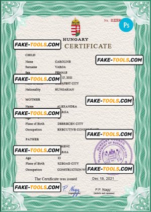Hungary birth certificate PSD template, completely editable